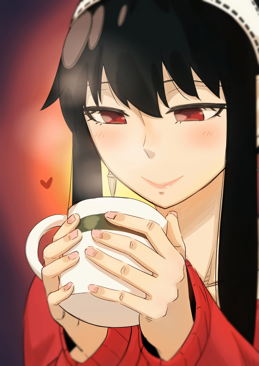 1girl, :>, absurdres, black_hair, blush, close-up, closed_mouth, coffee_mug