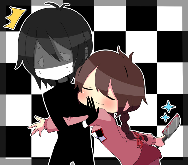 brown_hair, hug, knife, madotsuki, sadomochi, sekomumasada_sensei, yume_nikki