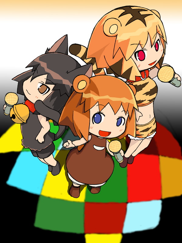 bear_ears, bear_tail, bell, black_hair, blue_eyes, brown_eyes, cat_ears, cat_tail