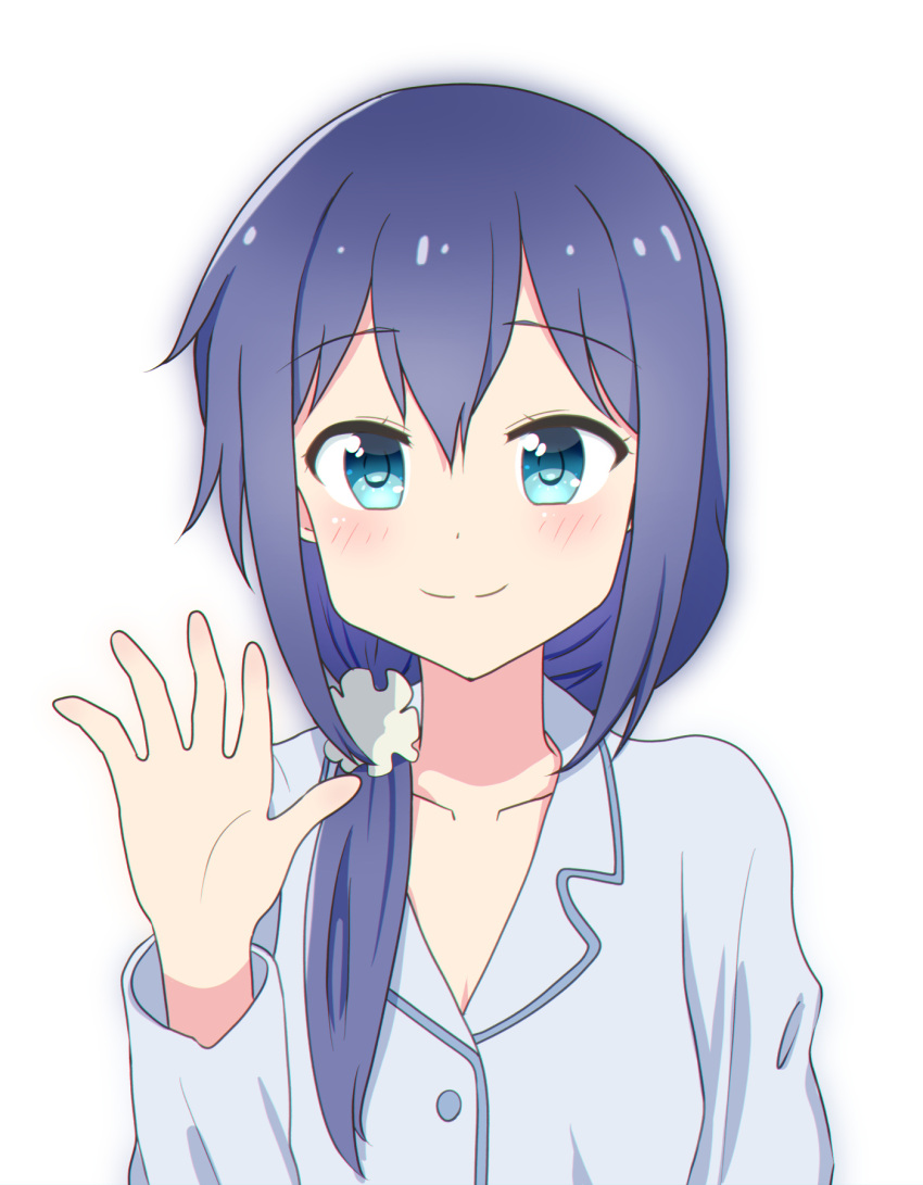 1girl, blue_eyes, blue_hair, blue_pajamas, blush, closed_mouth, hand_up, highres, koisuru_asteroid, long_hair, manaka_ao, pajamas, simple_background, smile, solo, tama-hirose, waving, white_background