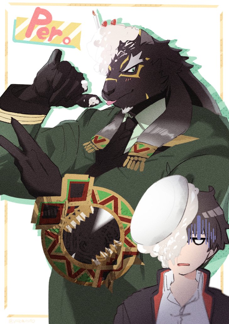 2boys, ai_manato, animal_ears, blank_eyes, blush, candle, commentary_request, facial_hair, food, forked_eyebrows, framed, fruit, furry, furry_male, gakuran, gloom_(expression), goatee, green_eyes, hands_up, in_the_face, jaguar_boy, jaguar_ears, licking, long_hair, looking_at_another, male_focus, military, military_uniform, mirror, multiple_boys, muscular, muscular_male, pie_in_face, protagonist_4_(housamo), romaji_text, school_uniform, short_hair, speech_bubble, strawberry, tezcatlipoca_(housamo), thick_eyebrows, tokyo_afterschool_summoners, uniform, upper_body, v, white_background