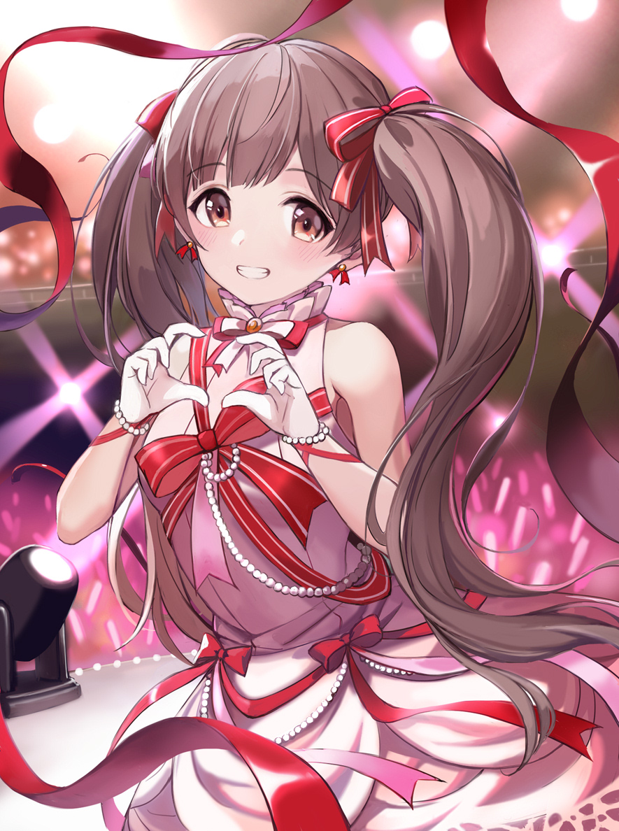 1girl, ahoge, bare_shoulders, blush, bracelet, breasts, brown_eyes, brown_hair, dress, earrings, gloves, glowstick, grin, hair_ribbon, hakozaki_serika, hands_up, heart, heart_hands, idolmaster, idolmaster_million_live!, idolmaster_million_live!_theater_days, indoors, jewelry, long_hair, looking_at_viewer, pearl_bracelet, pink_dress, red_ribbon, ribbon, sleeveless, sleeveless_dress, small_breasts, smile, solo, stage, stage_lights, tuna_picture, twintails, very_long_hair, white_gloves