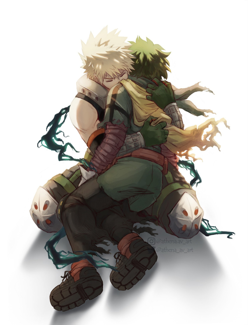 2boys, athena_av, backlighting, baggy_pants, bakugou_katsuki, belt, between_legs, black_pants, black_whip_(boku_no_hero_academia), blonde_hair, bloom, bodysuit, boku_no_hero_academia, cape, closed_eyes, commentary, commentary_typo, detached_sleeves, english_commentary, floating_cape, from_behind, full_body, furrowed_brow, gloves, green_bodysuit, green_gloves, green_hair, highres, hug, instagram_logo, instagram_username, knee_pads, kneeling, leaning_forward, leaning_on_person, light, male_focus, midoriya_izuku, multiple_boys, official_alternate_costume, orange_gloves, pants, red_belt, shadow, shoe_soles, short_hair, simple_background, sleeveless, spiky_hair, spoilers, spread_legs, tendril, torn_cape, torn_clothes, torn_sleeve, twitter_logo, twitter_username, two-tone_gloves, v-shaped_eyebrows, white_background, white_gloves, wrist_guards, yellow_cape