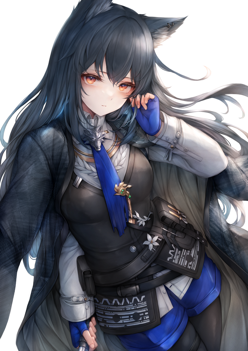 1girl, animal_ears, arknights, black_cape, black_coat, black_hair, black_pantyhose, black_vest