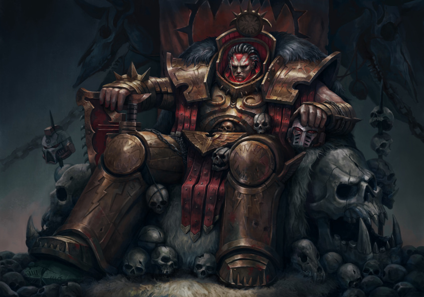 1boy, absurdres, angron, armor, armored_boots, axe, banner, boots