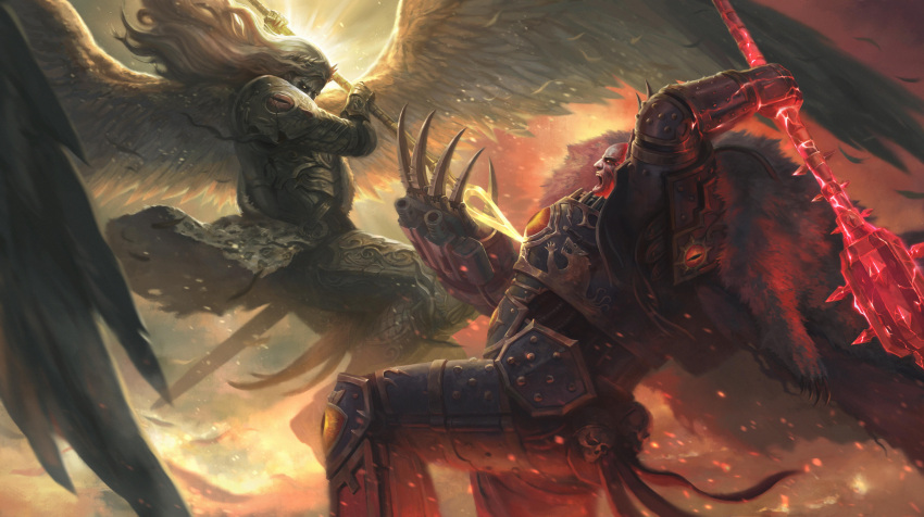 2boys, absurdres, angel_wings, armor, armored_boots, bald, battle, black_armor