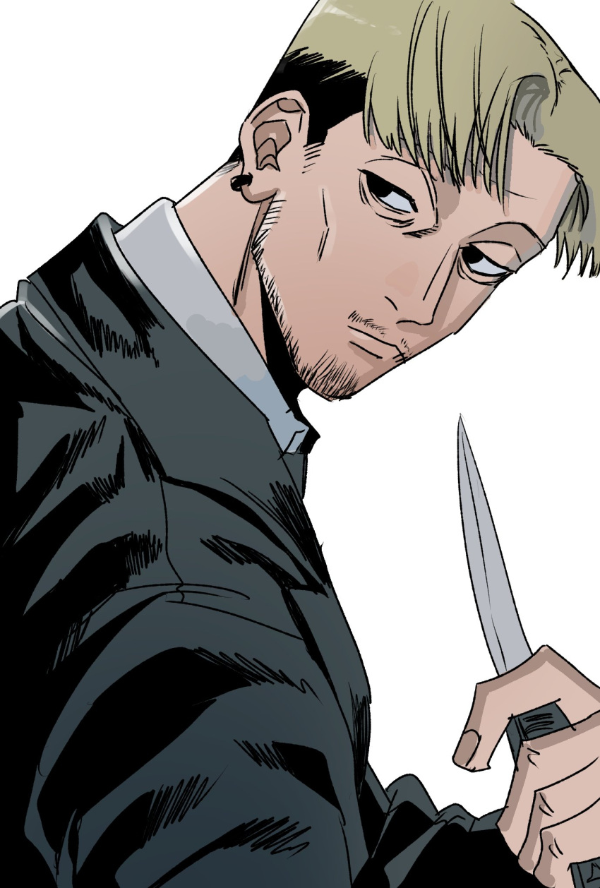 1boy, bithmath, black_coat, blonde_hair, chainsaw_man, coat, collared_shirt, ear_piercing