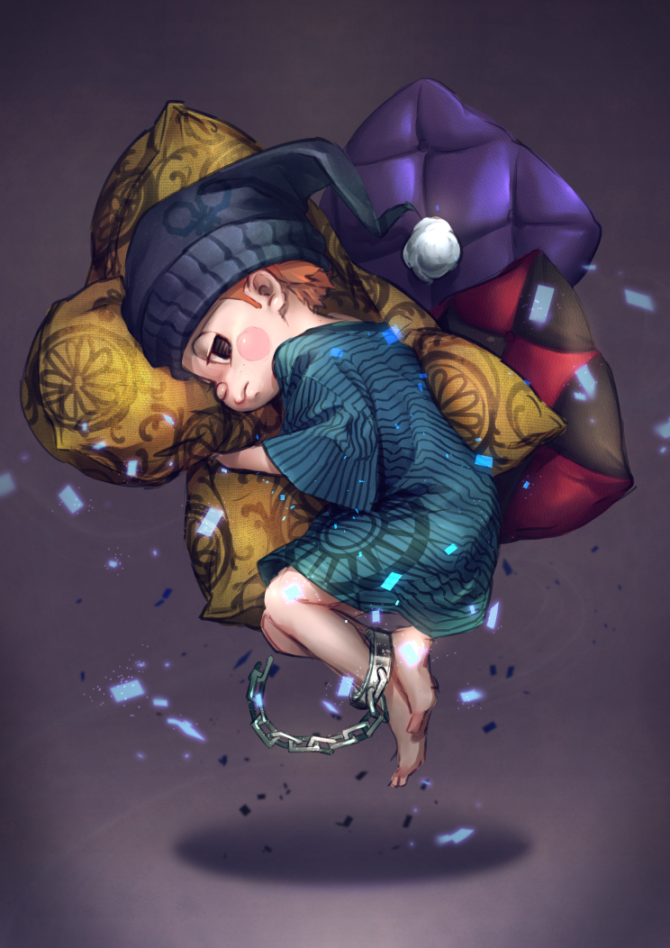 1boy, barefoot, black_eyes, black_headwear, blue_nightgown, blush_stickers, broken, broken_chain, brown_hair, chain, compass_print, danganronpa_(series), danganronpa_v3:_killing_harmony, floating, grey_background, half-closed_eyes, hat, hoshi_ryoma, male_focus, nightcap, nightgown, nokuran, object_hug, pillow, pillow_hug, shadow, short_hair, solo, wide_sleeves
