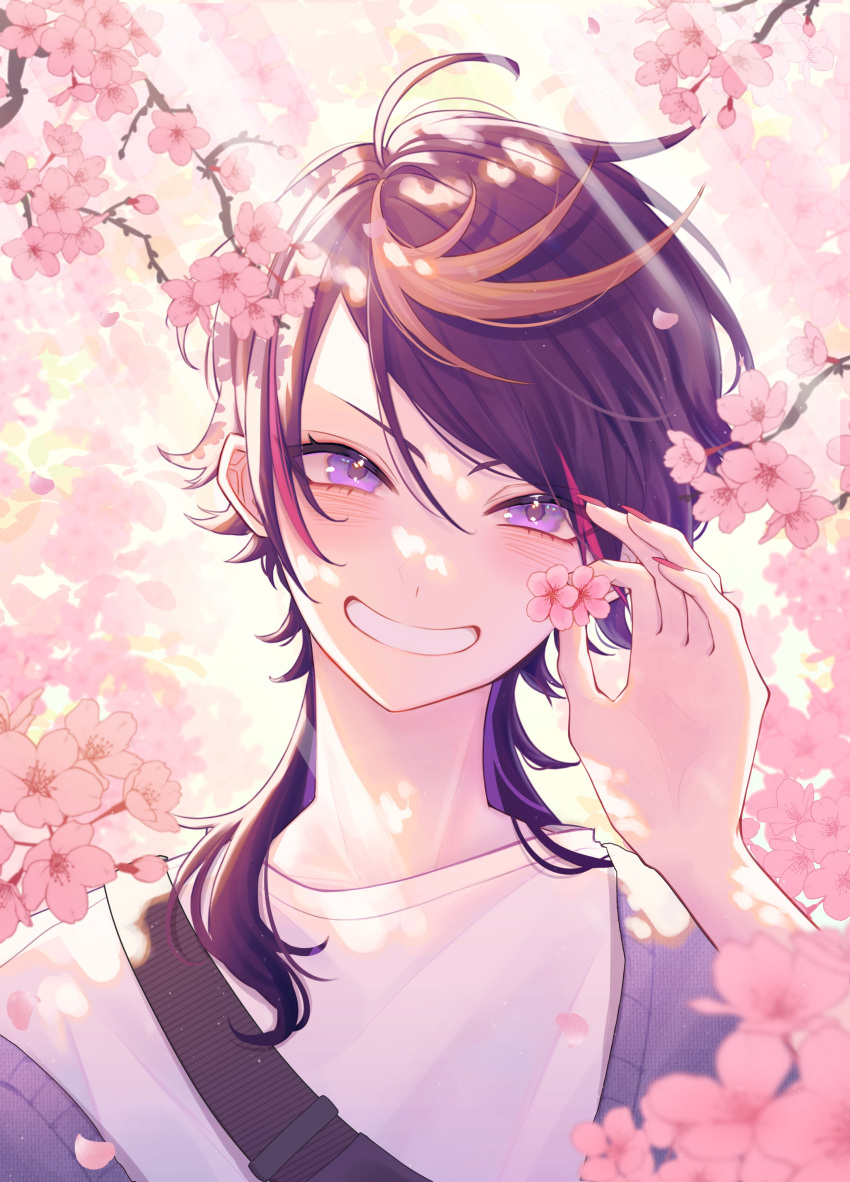 1boy, absurdres, ahoge, black_hair, blonde_hair, blurry, blurry_background, blurry_foreground