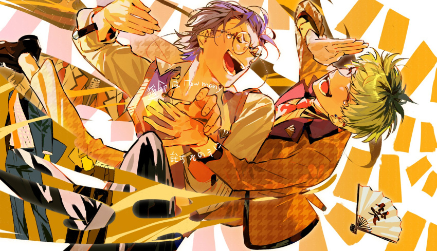 2boys, argyle, argyle_sweater_vest, closed_eyes, eyewear_strap, green_hair, highres, hypnosis_mic