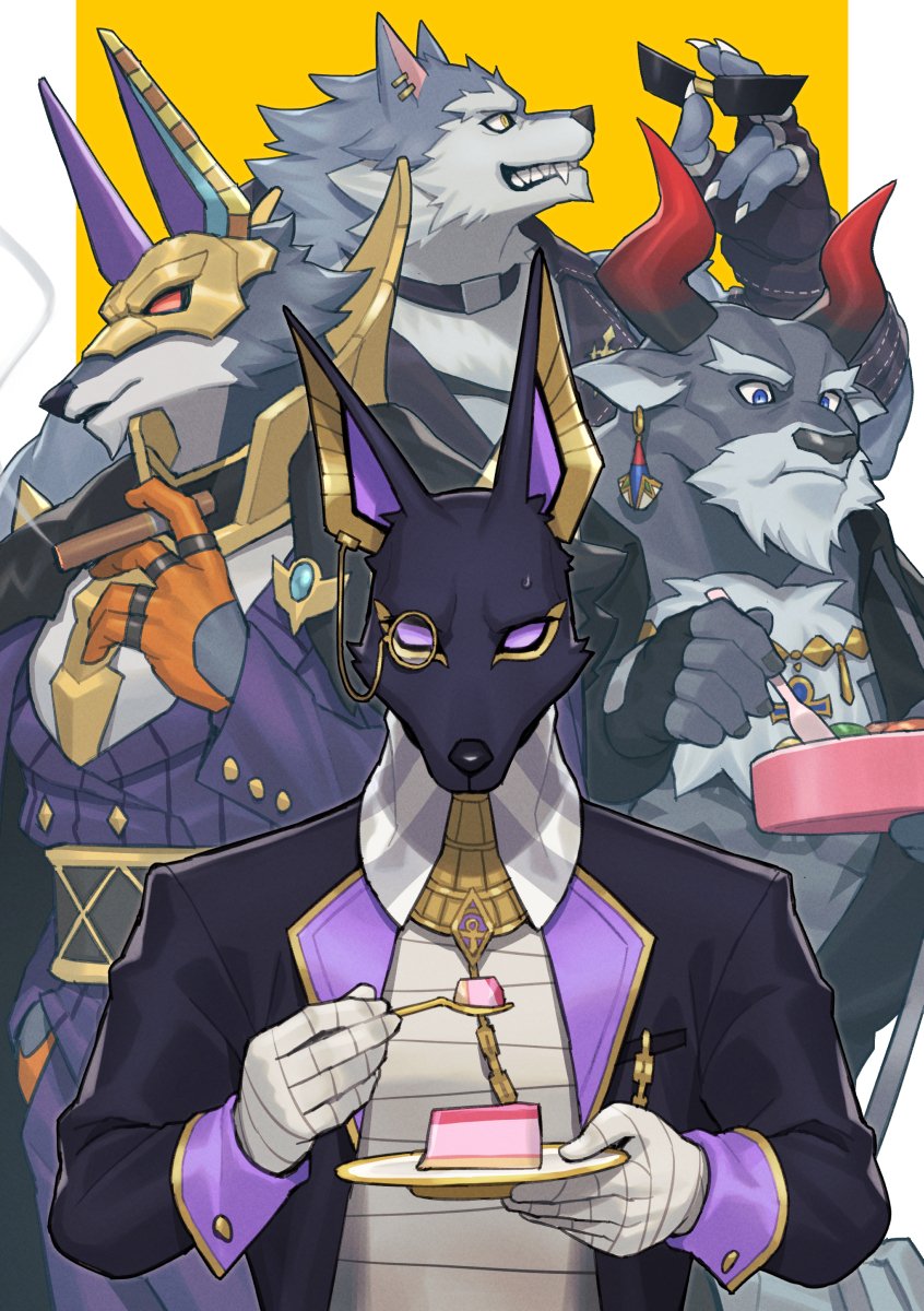4boys, cake, cigar, cow_boy, dislyte, djoser_(atum)_(dislyte), drew_(anubis)_(dislyte), food