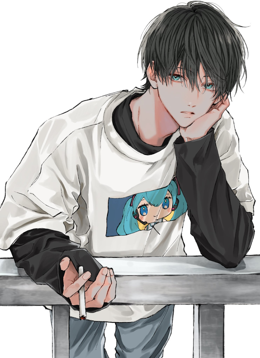 1boy, black_hair, black_shirt, blue_eyes, cigarette, grey_pants, hand_up, head_rest