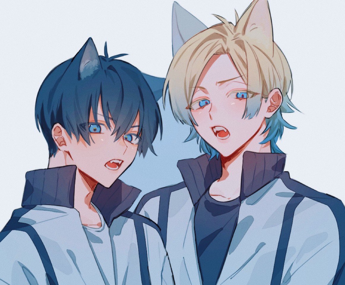 2boys, animal_ears, black_shirt, blonde_hair, blue_eyes, blue_hair, blue_lock, cat_boy