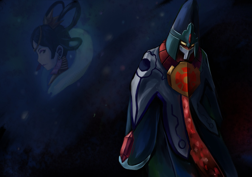 1boy, 1girl, black_hair, cloak, colored_sclera, commentary_request, dr._vega_(mega_man), hat