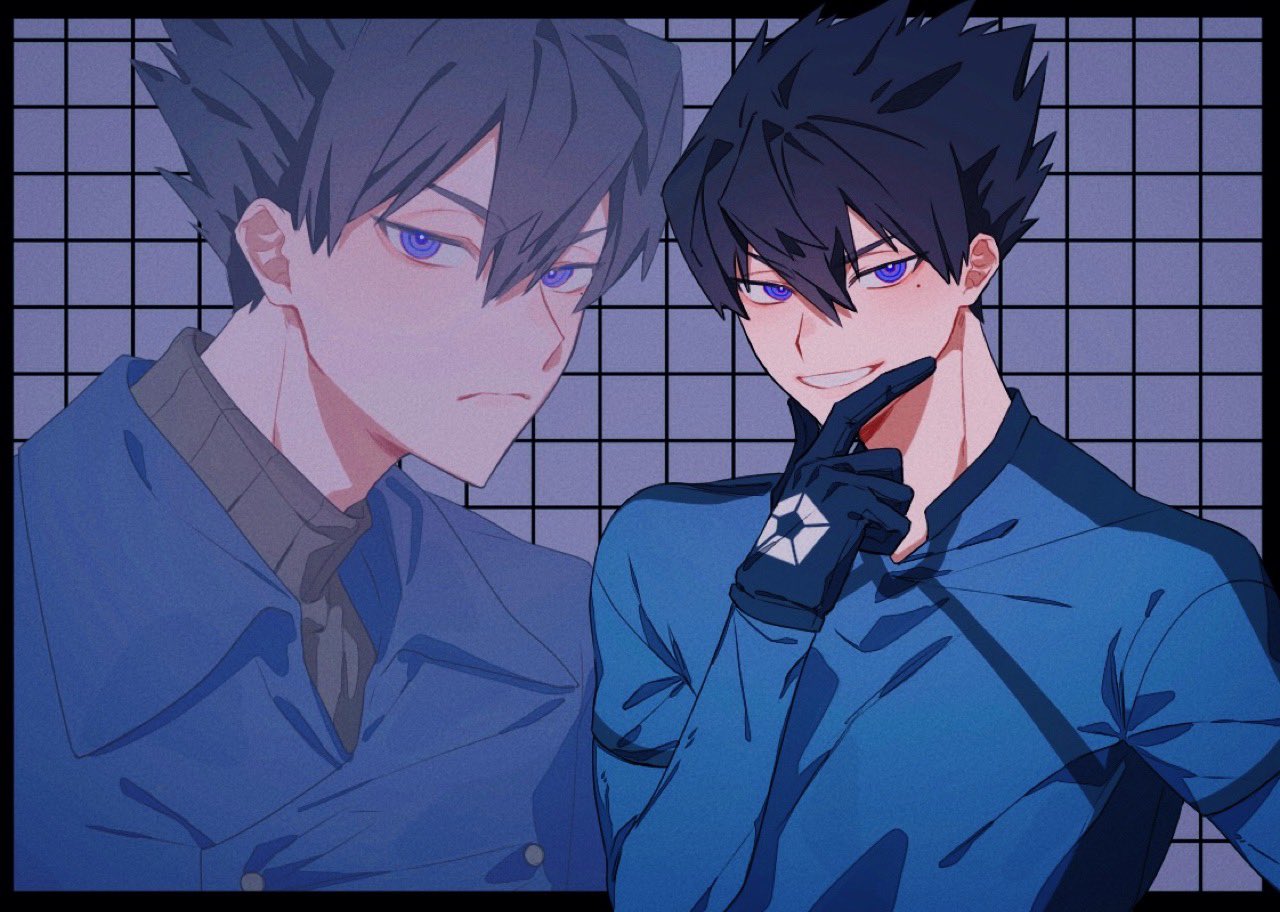 1boy, black_hair, black_sweater, blue_background, blue_eyes, blue_gloves, blue_jacket, blue_lock