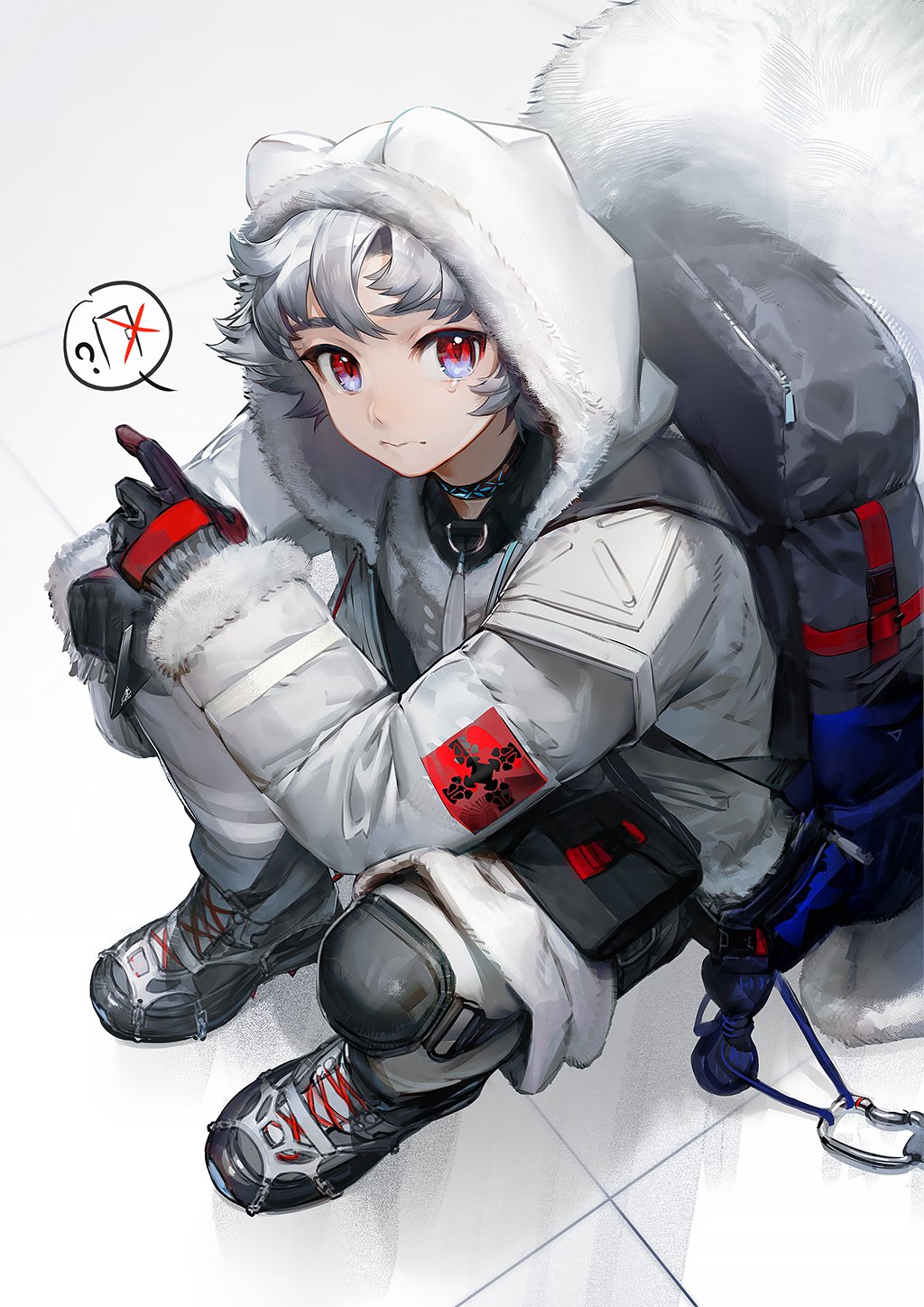 1boy, arknights, backpack, bag, carabiner, crying, fox_boy, gloves