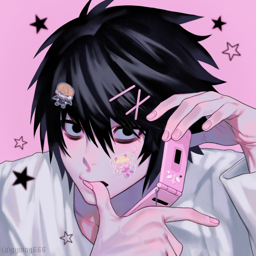 1boy, amane_misa, bags_under_eyes, biting, black_eyes, black_hair, death_note, gyuing666