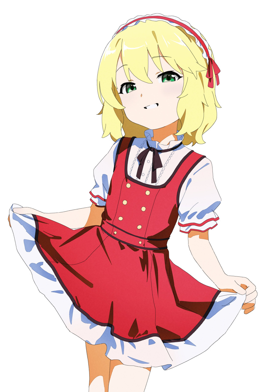 1girl, absurdres, black_ribbon, blonde_hair, cowboy_shot, dress, green_eyes, hairband