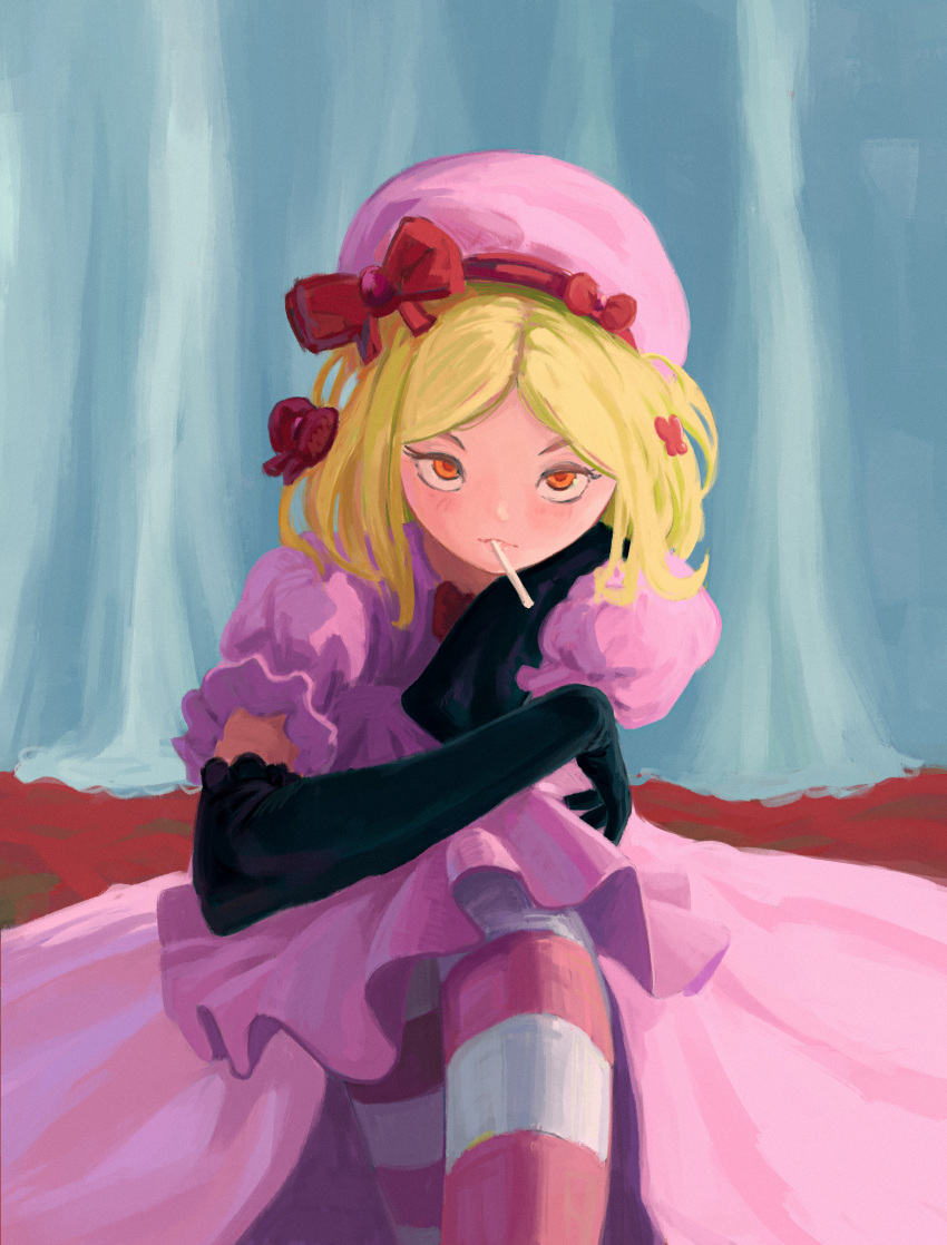 1girl, absurdres, beret, black_gloves, blonde_hair, bow, candy, closed_mouth