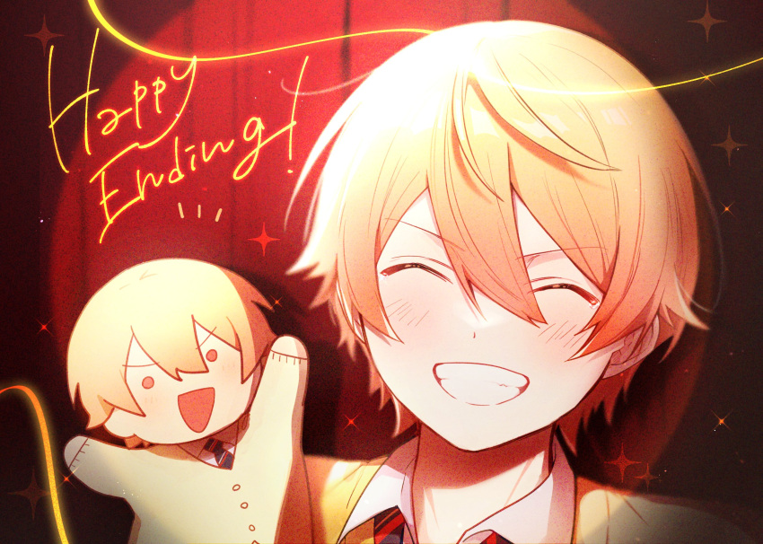 1boy, ^_^, blonde_hair, blue_necktie, blush, buttons, cardigan, character_doll