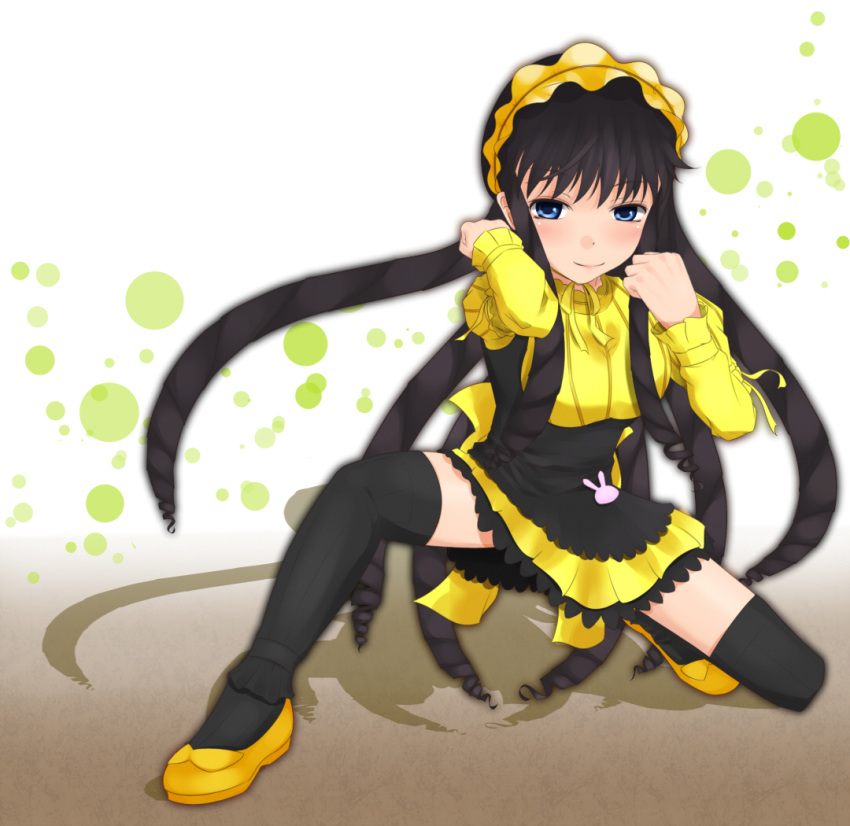 1girl, apron, black_apron, black_hair, black_thighhighs, blue_eyes, breasts, closed_mouth