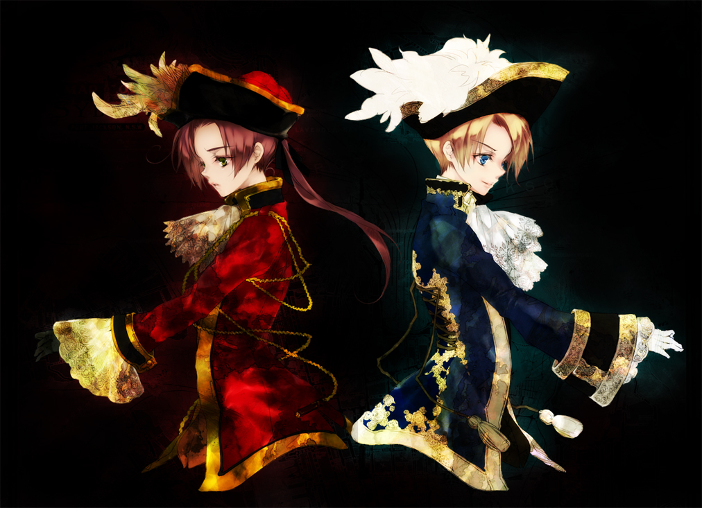america_(hetalia), axis_powers_hetalia, back-to-back, bad_id, blonde_hair, blue_eyes, brown_hair, cravat