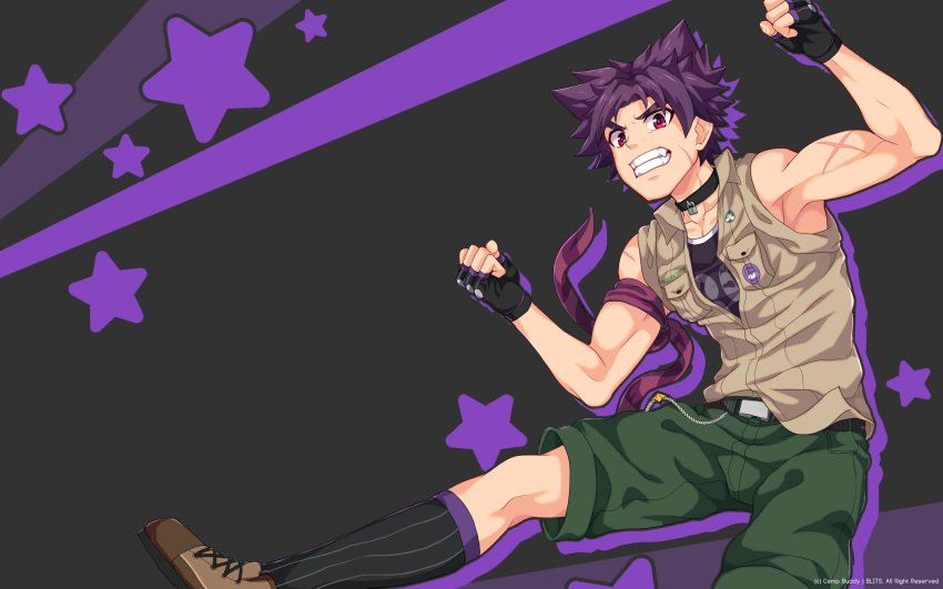 1boy, belt, black_background, brown_shirt, camp_buddy, collared_shirt, foot_out_of_frame, green_shorts