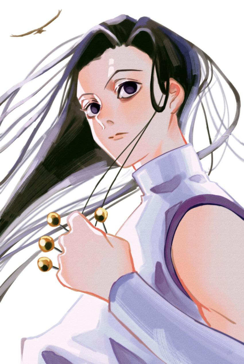 <o>_<o>, 1boy, bird, black_eyes, black_hair, detached_sleeves, expressionless, hakulo, highres, holding, holding_needle, hunter_x_hunter, illumi_zoldyck, long_hair, looking_at_viewer, male_focus, needle, shirt, simple_background, sleeveless, solo, upper_body, white_background, white_shirt