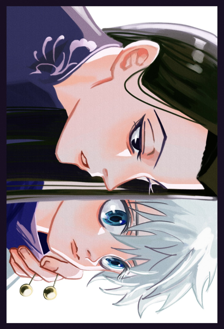2boys, black_hair, blue_eyes, brothers, hakulo, highres, holding, holding_needle, hunter_x_hunter, illumi_zoldyck, killua_zoldyck, long_hair, male_child, male_focus, multiple_boys, needle, profile, purple_shirt, shirt, short_hair, siblings, simple_background, upper_body, white_background, white_hair