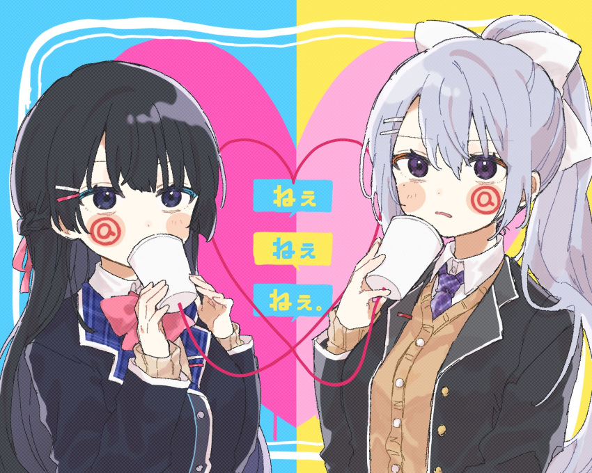 2girls, @_@, black_hair, black_jacket, blazer, blush_stickers, bow, bowtie