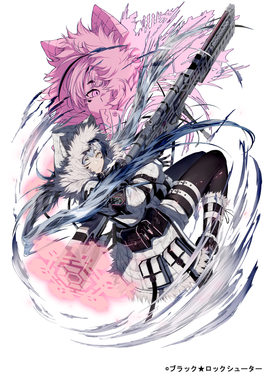 1girl, absurdres, animal_ears, animal_hood, black_gloves, black_pantyhose, black_rock_shooter_fragment, blue_hair, boots, brown_eyes, character_request, check_character, closed_mouth, coat, commentary_request, constance_(brs_fragment), fake_animal_ears, fur-trimmed_hood, fur_trim, gloves, gun, highres, holding, holding_gun, holding_weapon, hood, hood_up, hooded_coat, kurogiri, long_hair, long_sleeves, looking_at_viewer, looking_back, multiple_views, official_art, pantyhose, puffy_long_sleeves, puffy_sleeves, simple_background, smile, very_long_hair, weapon, white_background, white_coat, white_footwear