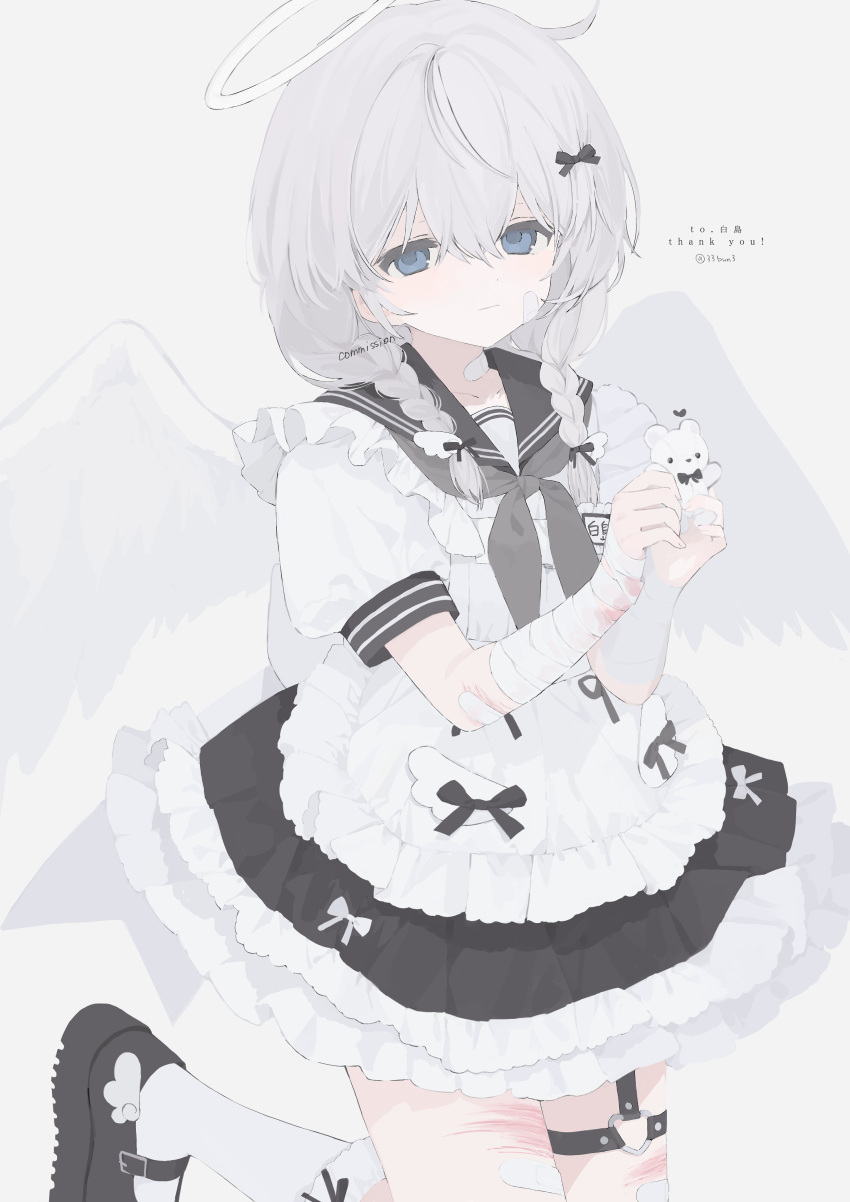 1girl, 33bun3, absurdres, angel_wings, apron, bandaged_arm, bandages, black_bow