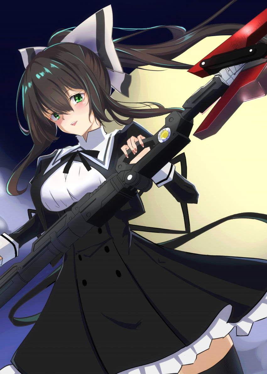 1girl, absurdres, assault_lily, black_ribbon, black_skirt, black_thighhighs, blush, bow