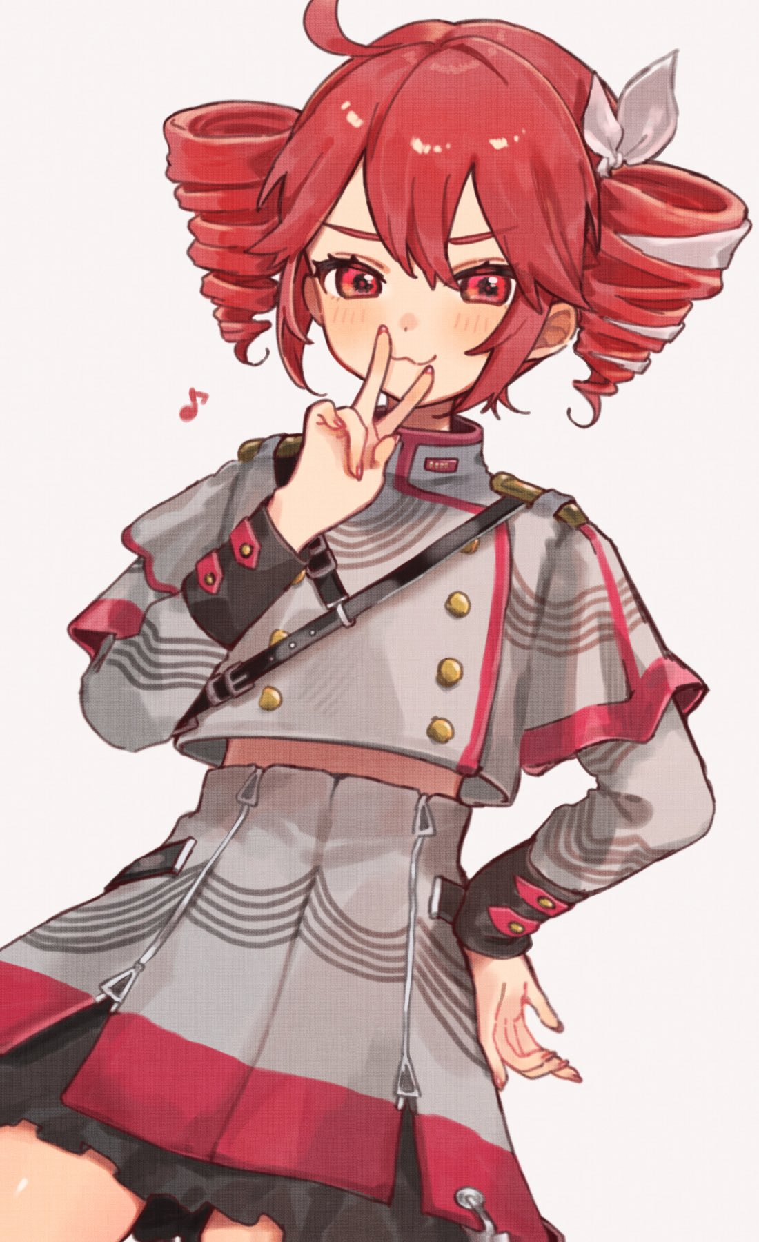 1girl, :3, ahoge, blush, bow, closed_mouth, commentary, cowboy_shot, drill_hair, frilled_skirt, frills, grey_jacket, grey_skirt, hair_bow, highres, jacket, kasane_teto, kasane_teto_(sv), long_sleeves, looking_at_viewer, multicolored_hair, pink_eyes, pink_hair, sidelocks, simple_background, skirt, smile, solo, streaked_hair, synthesizer_v, twin_drills, twintails, uminokaisen, utau, v, white_background, white_bow, white_hair
