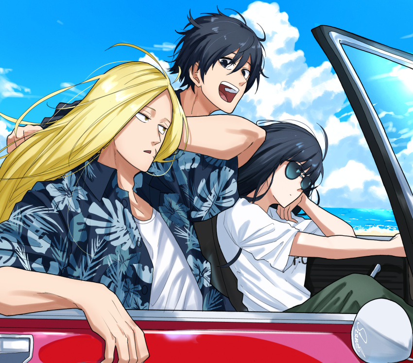 1girl, 2boys, :d, black_eyes, black_hair, blonde_hair, car, clouds, day, driving, floral_print, hair_between_eyes, hawaiian_shirt, highres, long_hair, motor_vehicle, multiple_boys, nagumo_(sakamoto_days), osaragi_(sakamoto_days), outdoors, sakamoto_days, scar, scar_on_face, shirt, shishiba_(sakamoto_days), shishiruto, short_sleeves, sitting, smile, sunglasses, t-shirt