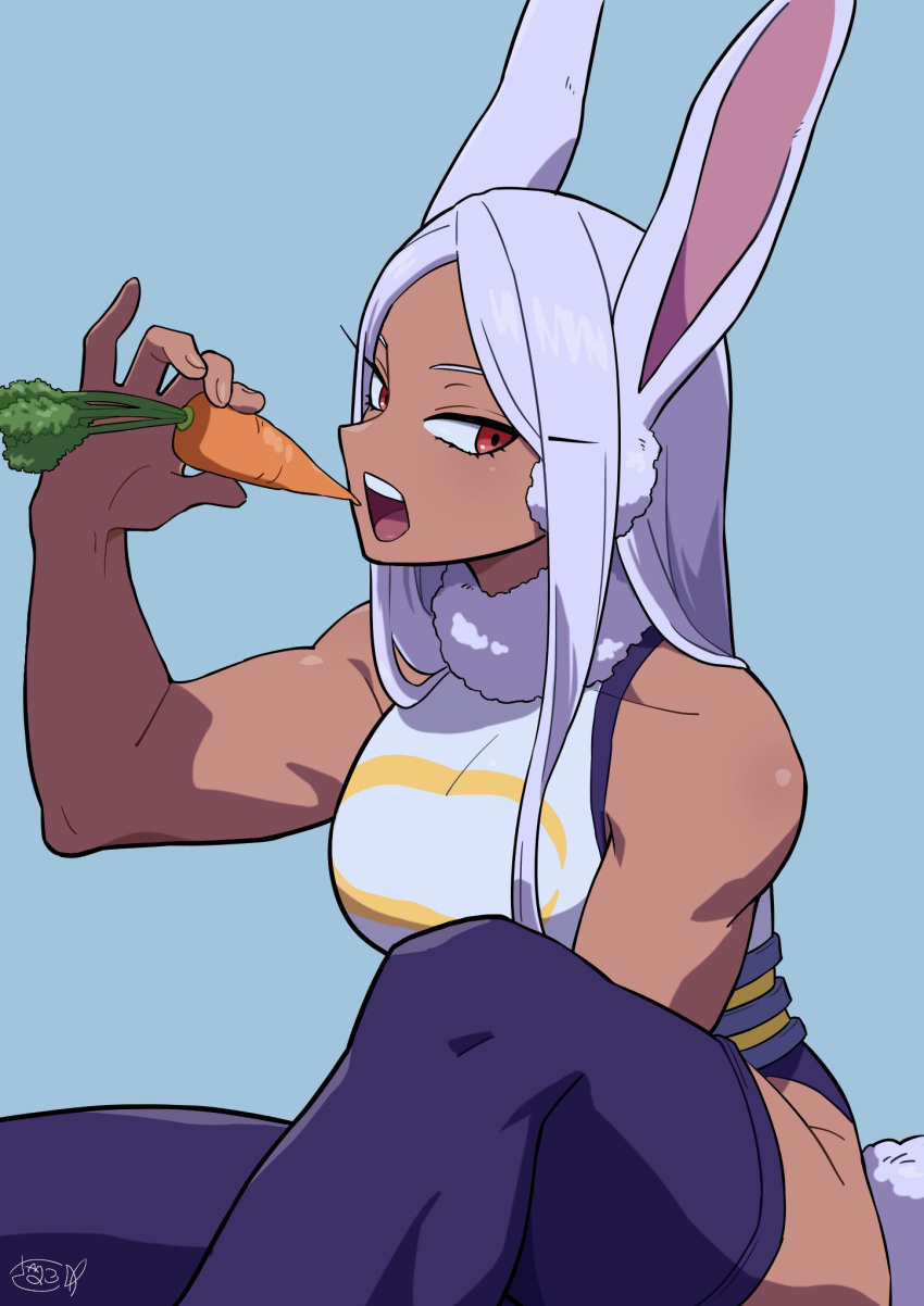 1girl, animal_ears, bare_shoulders, blue_background, boku_no_hero_academia, breasts, carrot, dark_skin, eating, highres, large_breasts, long_hair, looking_at_viewer, mirko, muscular, muscular_female, open_mouth, rabbit_ears, rabbit_tail, red_eyes, sanekome, simple_background, solo, tail, thigh-highs, tight_clothes, white_hair