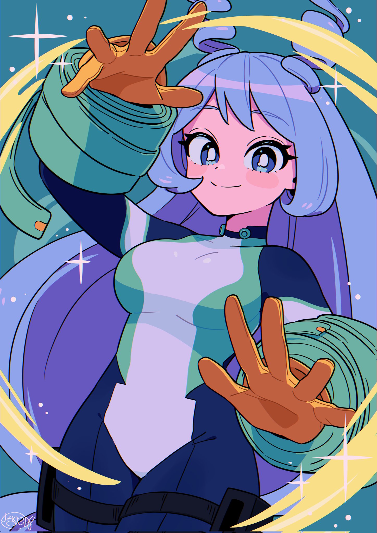 1girl, antenna_hair, blue_background, blue_eyes, blue_hair, boku_no_hero_academia, breasts, collarbone