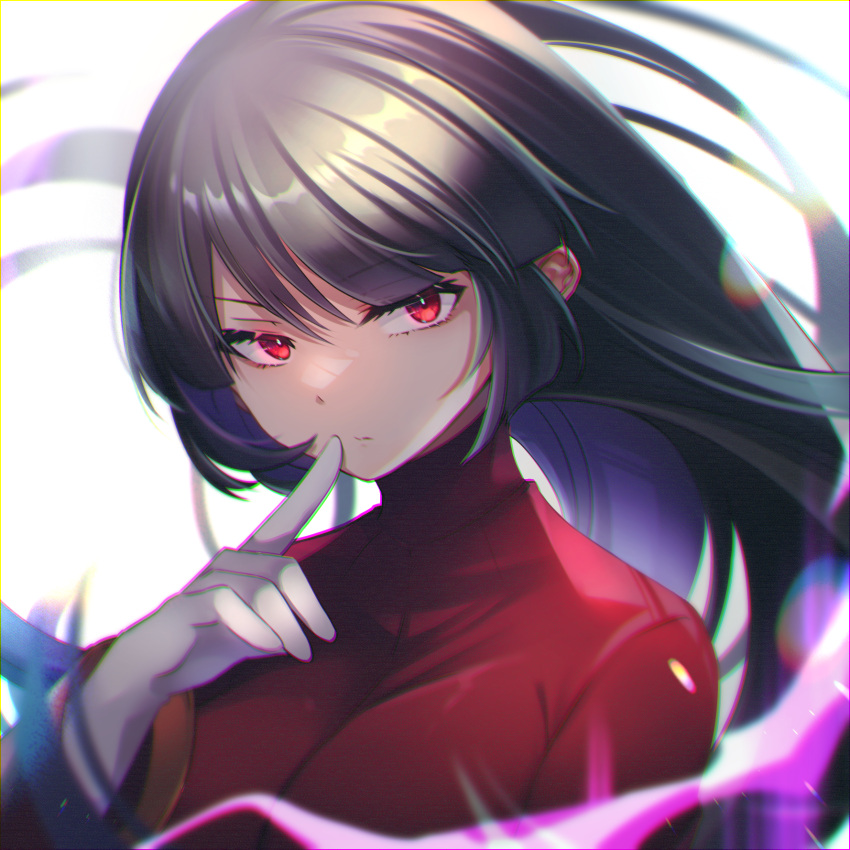 1girl, black_hair, blurry, chromatic_aberration, closed_mouth, commentary_request, eyelashes, floating_hair, gloves, hand_up, highres, index_finger_raised, jacket, long_hair, long_sleeves, nana_(kanaonet7), pokemon, pokemon_(game), pokemon_frlg, red_eyes, red_jacket, sabrina_(pokemon), solo, upper_body, white_gloves