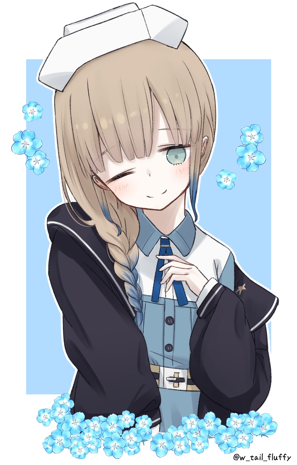 1girl, black_jacket, blonde_hair, blue_background, blue_dress, blue_eyes, blue_flower, blush, border, braid, dress, fate/grand_order, fate_(series), floral_background, flower, highres, jacket, looking_at_viewer, nemo_(fate), nurse_nemo_(fate), one_eye_closed, single_braid, smile, solo, twitter_username, w_tail_fluffy, white_border