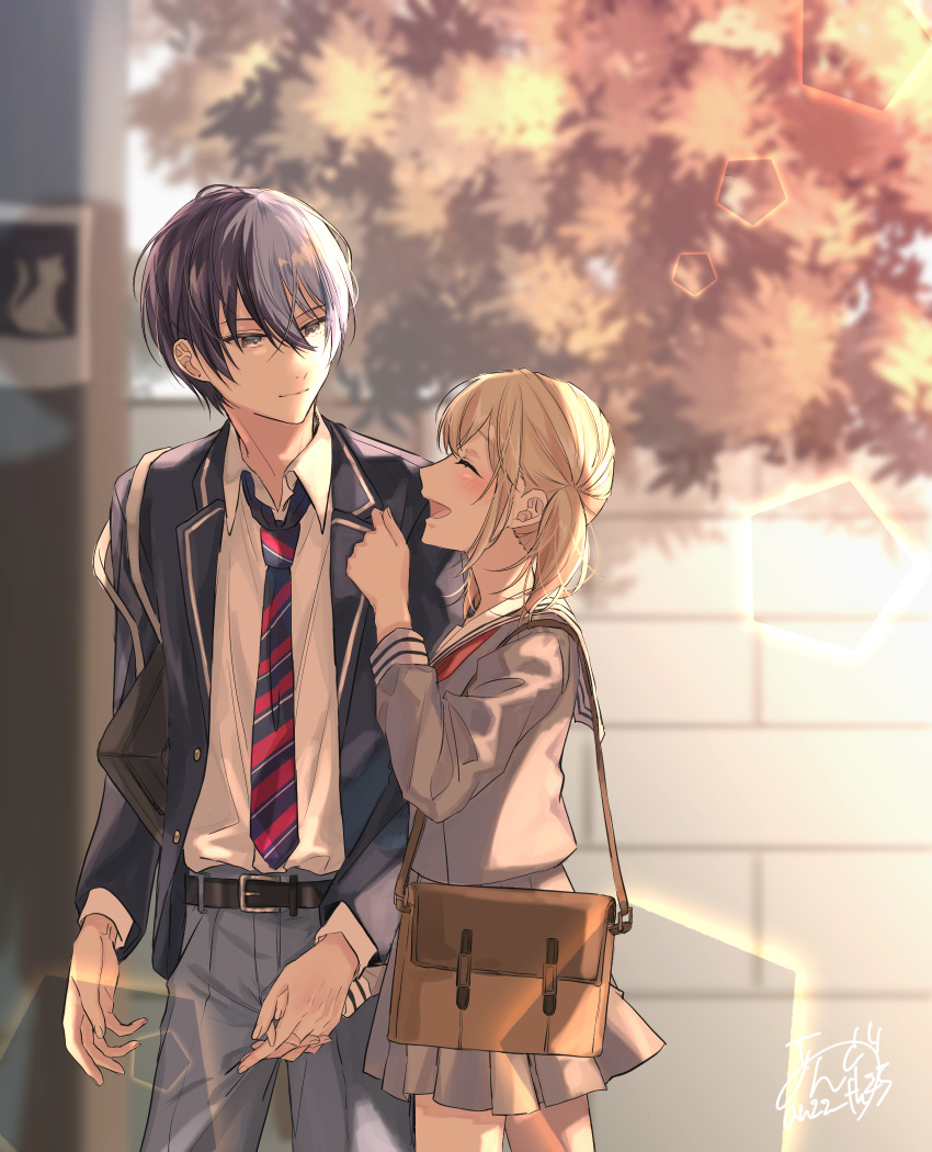 1boy, 1girl, aoyagi_touya, azusawa_kohane, bag, belt, black_belt, blazer