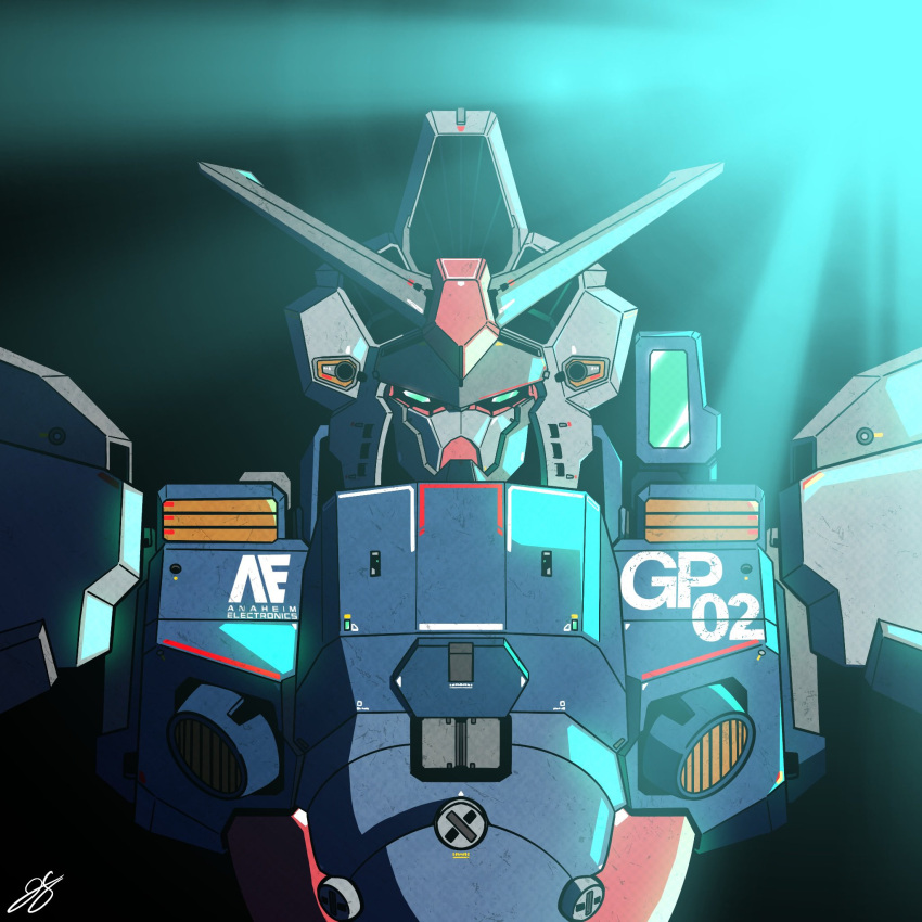 anaheim_electronics, commentary, english_commentary, green_eyes, gundam, gundam_0083, gundam_gp-02_physalis, highres