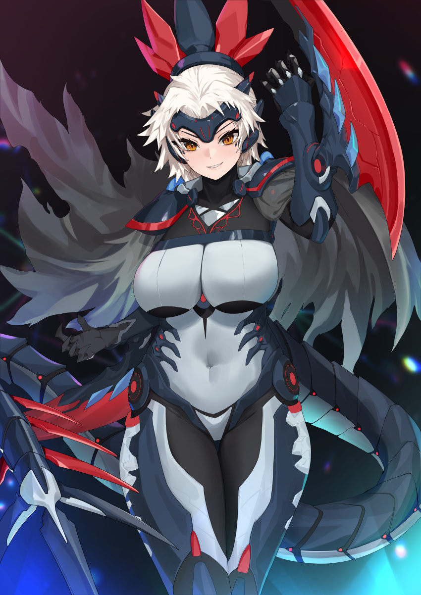 1girl, absurdres, arm_blade, blonde_hair, bodysuit, breasts, commission, dinomorphia_kentregina