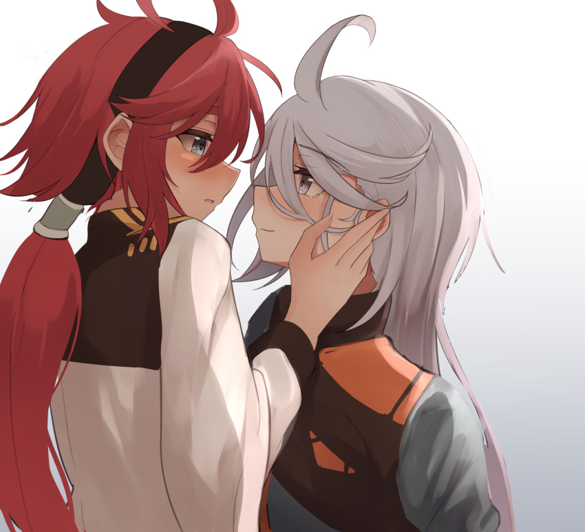2girls, ahoge, asticassia_school_uniform, black_hairband, closed_mouth, eye_contact, gradient_background, green_eyes, grey_background, grey_eyes, gundam, gundam_suisei_no_majo, hairband, hane_(8ne_k), highres, long_hair, long_sleeves, looking_at_another, miorine_rembran, multiple_girls, ponytail, profile, redhead, school_uniform, smile, suletta_mercury, white_hair, yuri