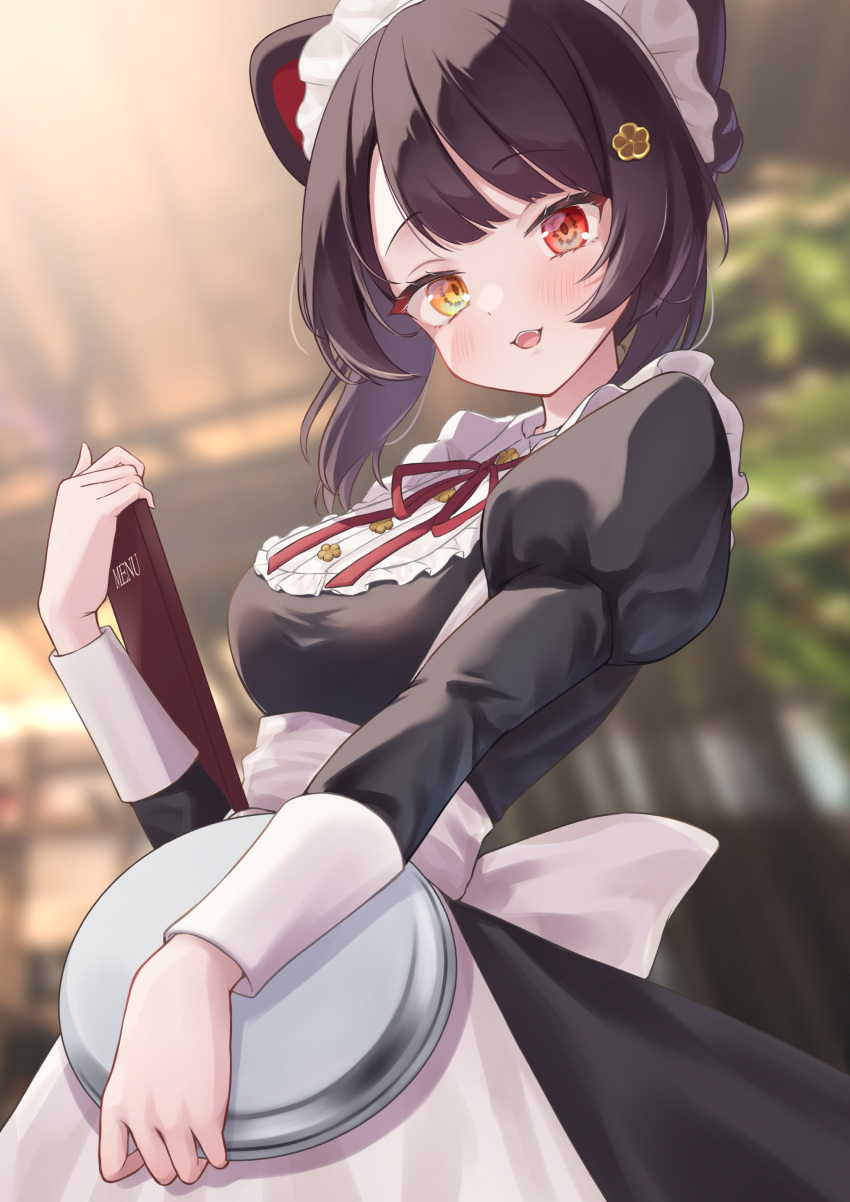 1girl, absurdres, animal_ears, apron, black_dress, blurry, blurry_background, blush