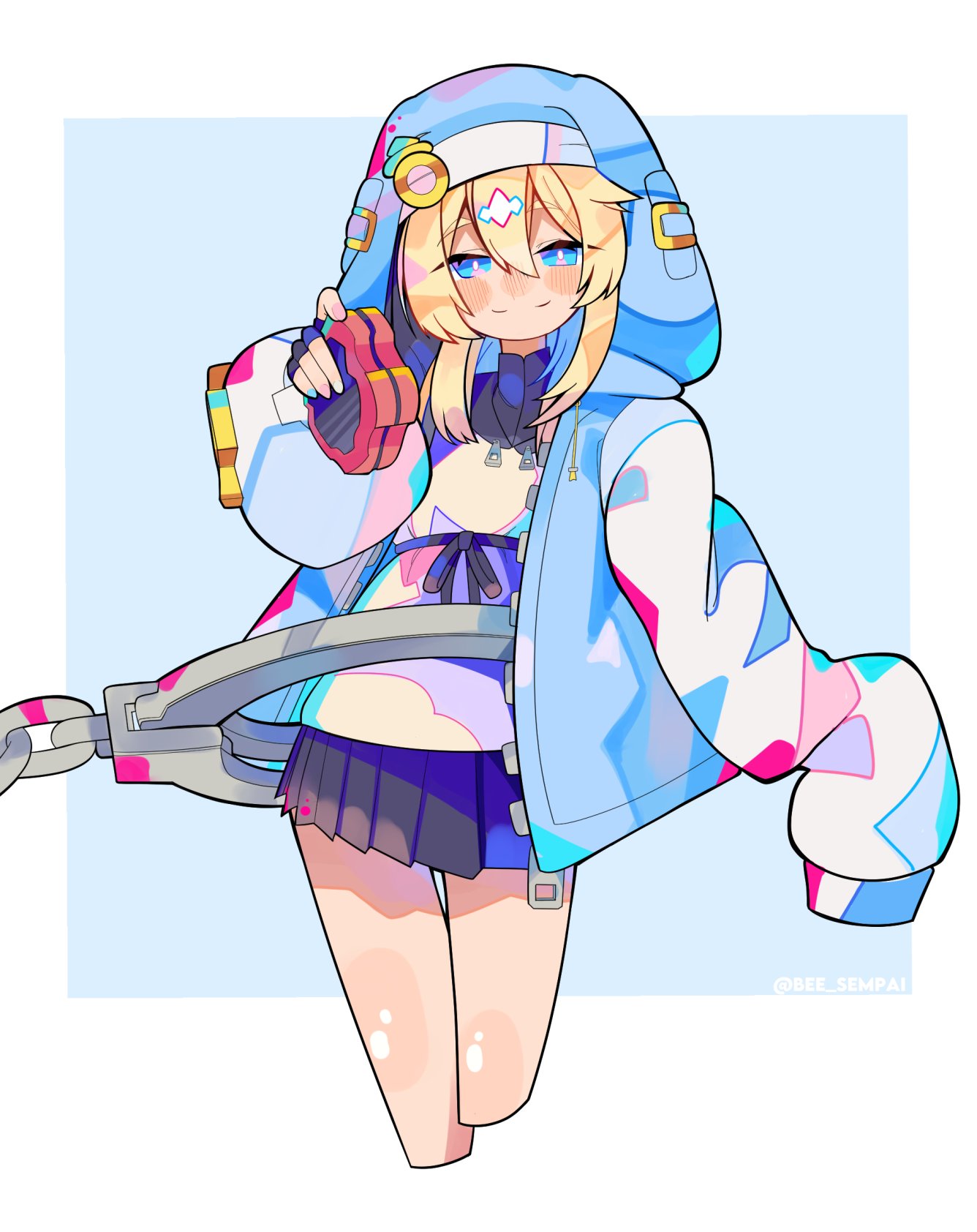 1girl, androgyne_symbol, bee_sempai, black_gloves, black_skirt, blonde_hair, blue_eyes, blush