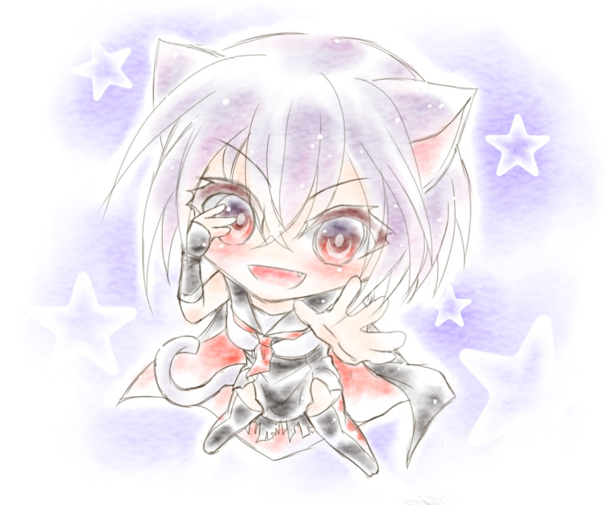 1girl, animal_ears, arm_warmers, black_skirt, cape, cat_ears, cat_tail, chibi, chuunibyou, eyelashes, fang, hacchou_nenbutsu_(tenka_hyakken), hand_over_eye, light_purple_hair, moge_panda, neckerchief, open_mouth, red_eyes, red_neckerchief, sailor_collar, skirt, sleeveless, smile, solo, spread_fingers, starry_background, tail, tenka_hyakken, thigh-highs