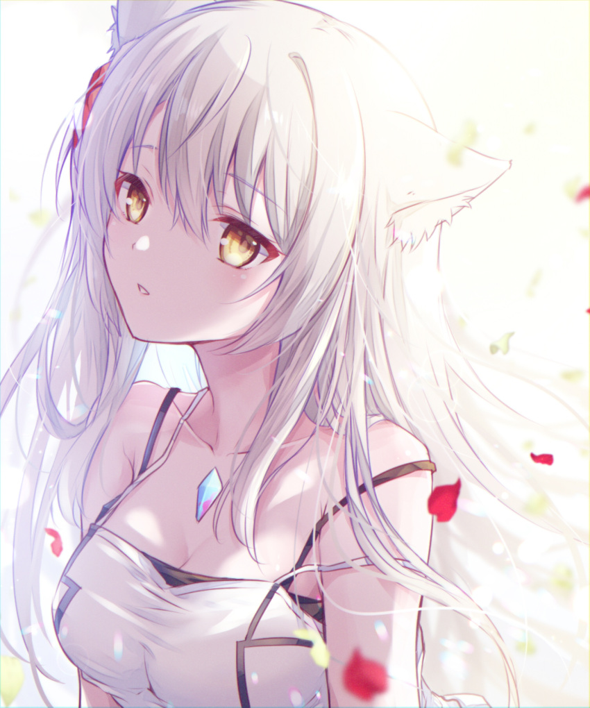 1girl, animal_ear_fluff, animal_ears, bare_shoulders, breasts, cat_ears, chest_jewel, collarbone