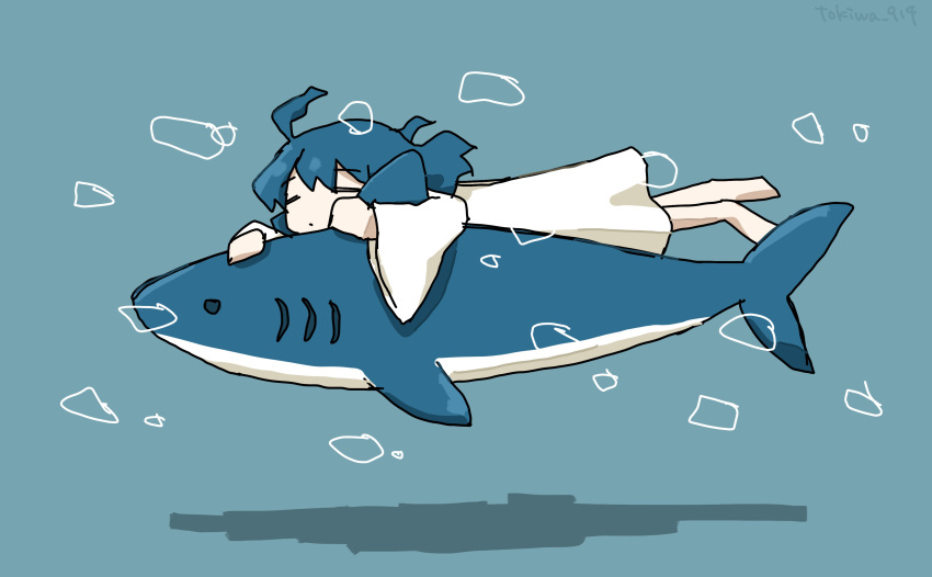 1girl, absurdres, ahoge, blue_background, blue_hair, bubble, closed_eyes, creature_and_personification