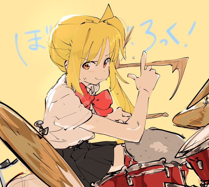 1girl, absurdres, ahoge, black_skirt, blonde_hair, bocchi_the_rock!, bow, bowtie