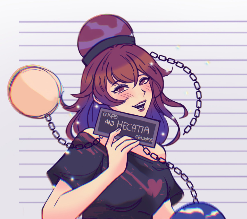 1girl, barbie_(franchise), barbie_(live_action), barbie_mugshot_(meme), black_shirt, blue_hair, blush, brown_eyes, brown_hair, chain, character_name, colored_inner_hair, head_tilt, heart, hecatia_lapislazuli, highres, lipstick, looking_at_viewer, makeup, meme, multicolored_hair, off-shoulder_shirt, off_shoulder, open_mouth, planet, red_headwear, shirt, short_sleeves, shygardeneel, smile, solo, touhou